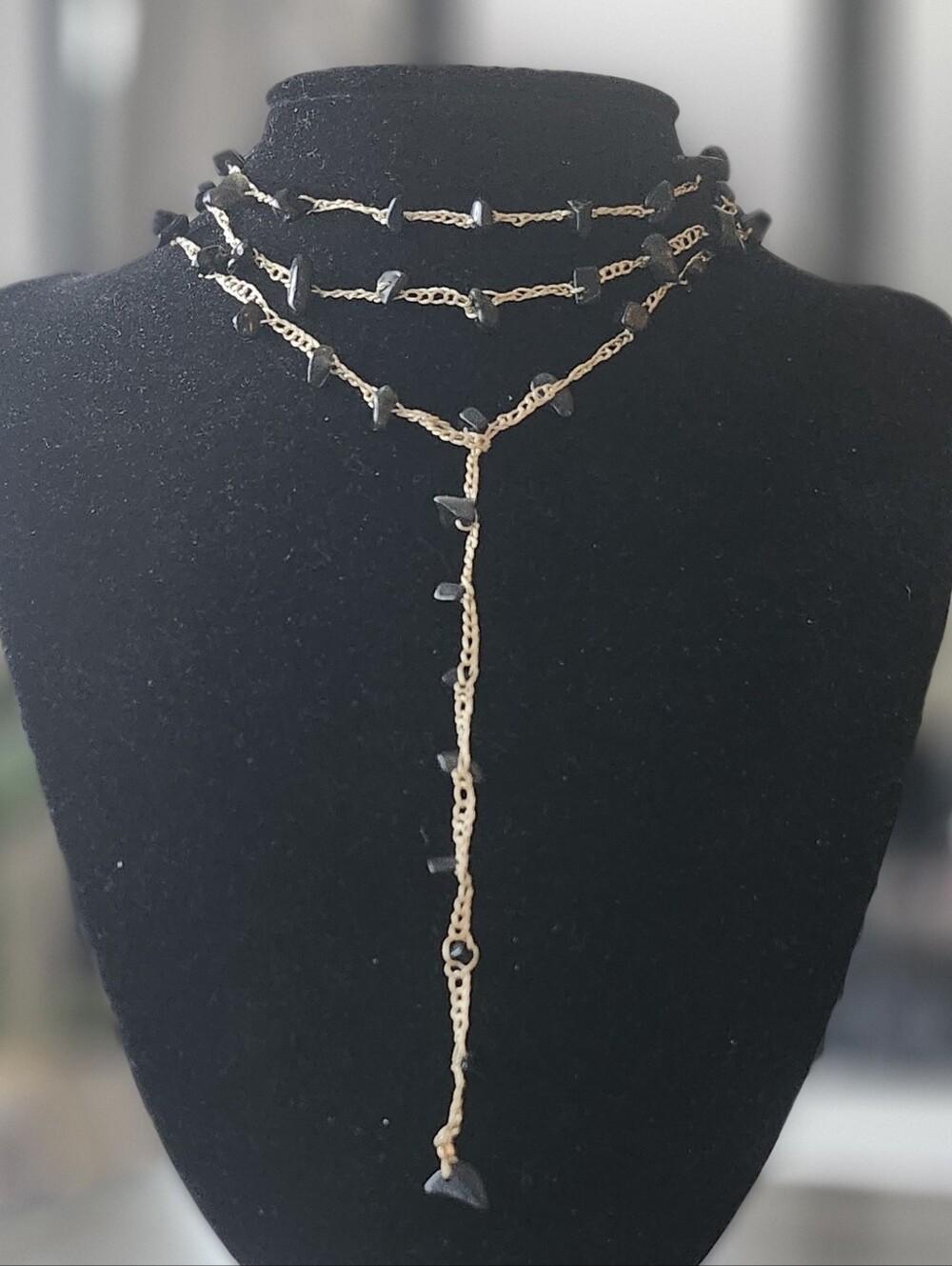 Wrap Necklace Lariat Necklace with Black Gemstones Crochet